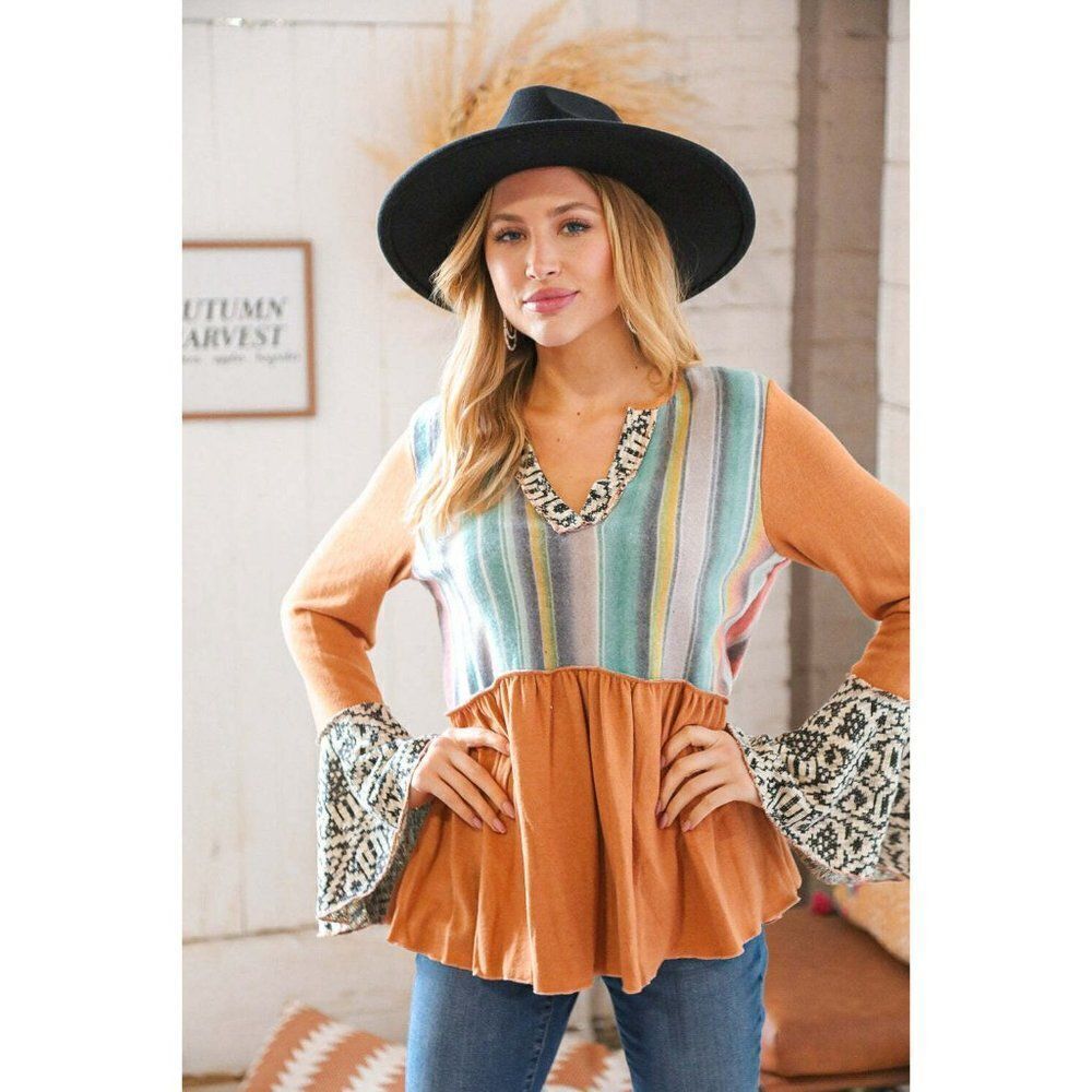 Sugarfox Camel Hacci Multi Stripe Aztec Bell Sleeve Top ST5702A - Picture 4 of 8